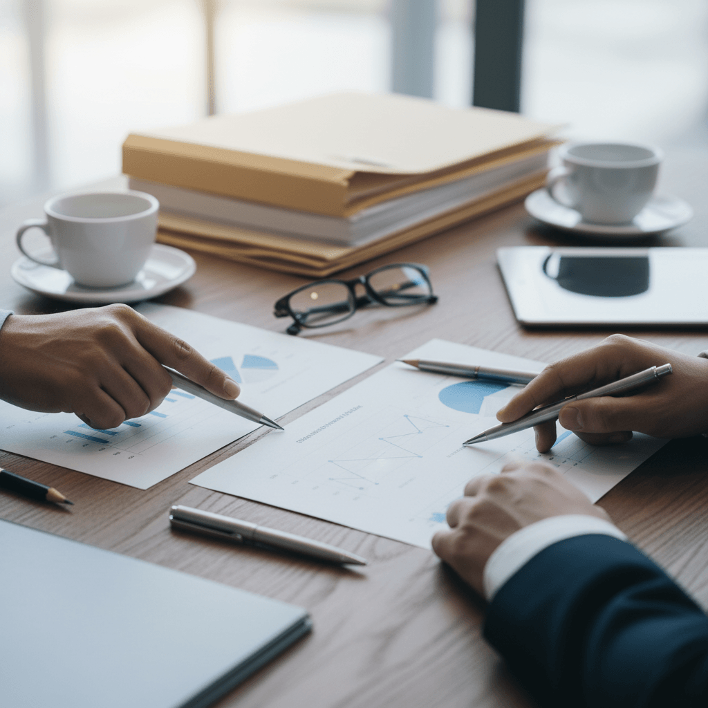 Session d'analyse de reporting SEO entre consultant et client avec documents de performance et KPIs