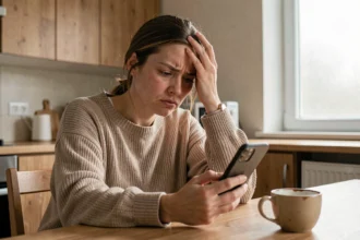 Femme stressée à la maison hésitant à prévenir son employeur d'une absence au travail