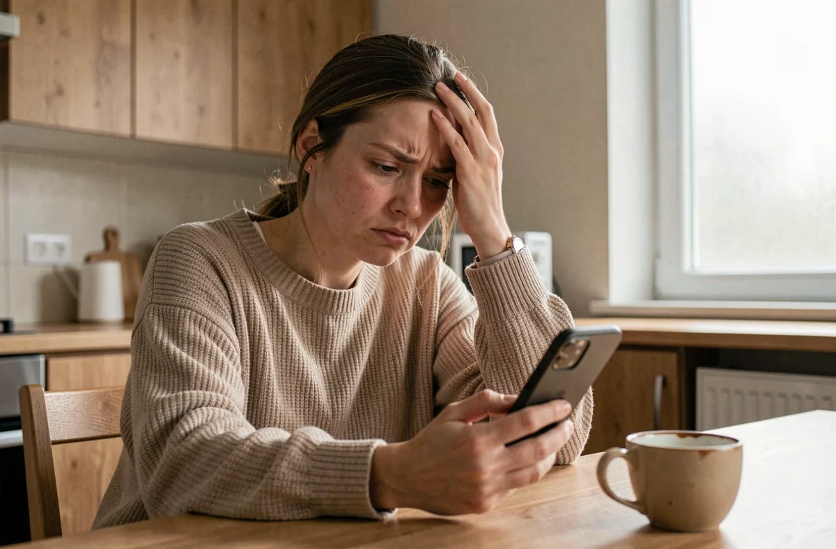 Femme stressée à la maison hésitant à prévenir son employeur d'une absence au travail