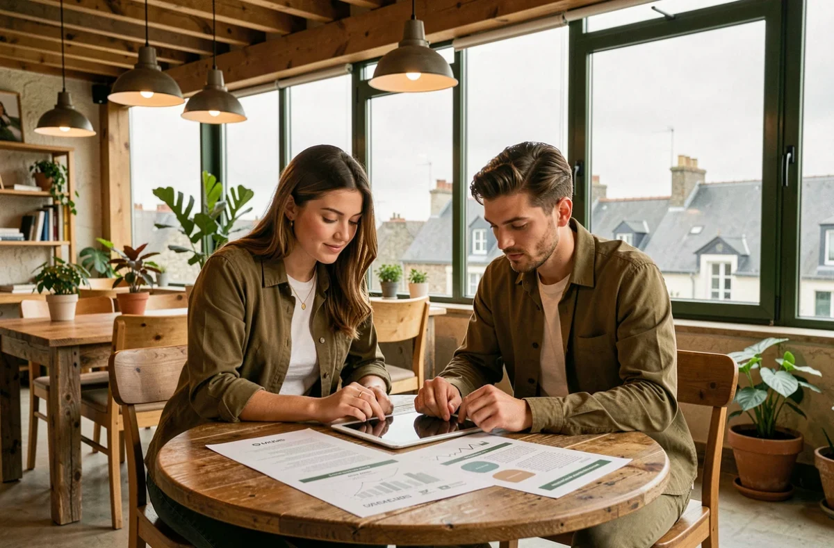 Deux collaborateurs de l'agence 22Mille travaillant ensemble sur une identité de marque dans un bureau loft avec vue sur la Bretagne