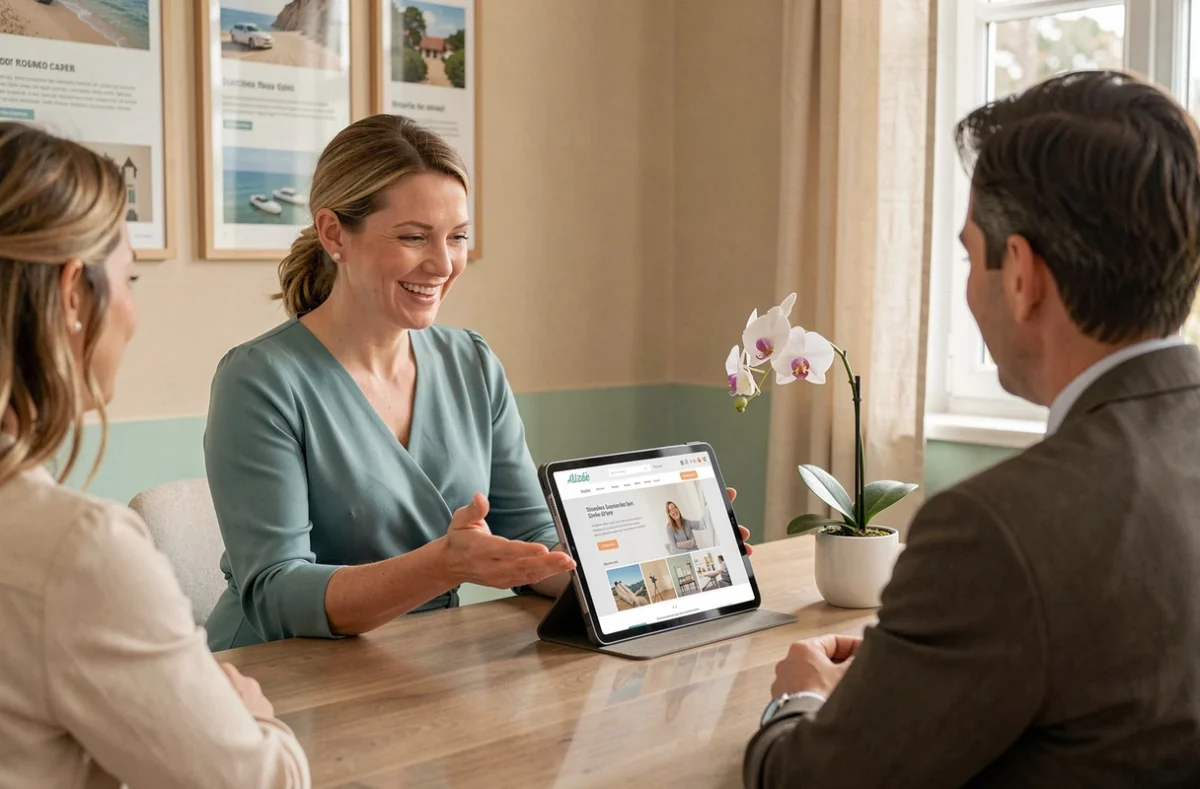 Consultante web de l'agence Alizée Web en Côte-d'Or présentant un prototype de site internet à des clients lors d'une réunion