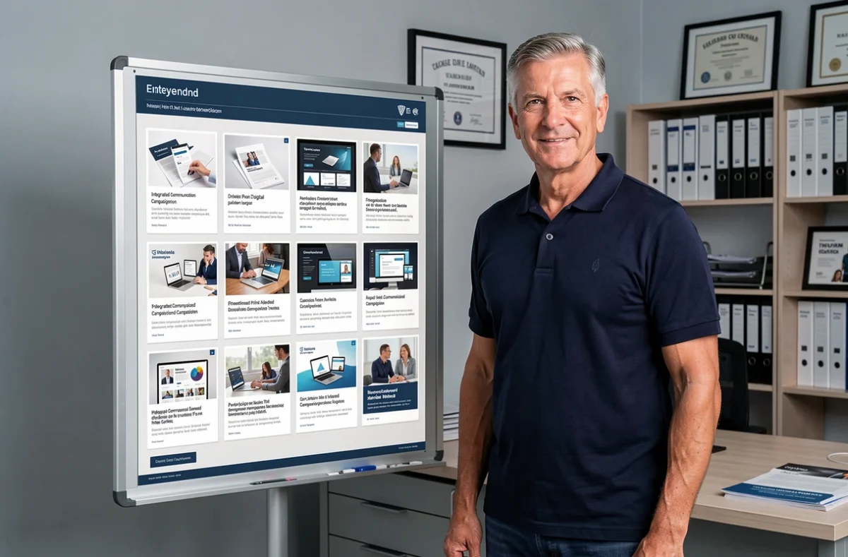 Directeur de l'agence ATM Communication présentant une campagne de communication intégrée sur un panneau d'affichage dans un studio professionnel