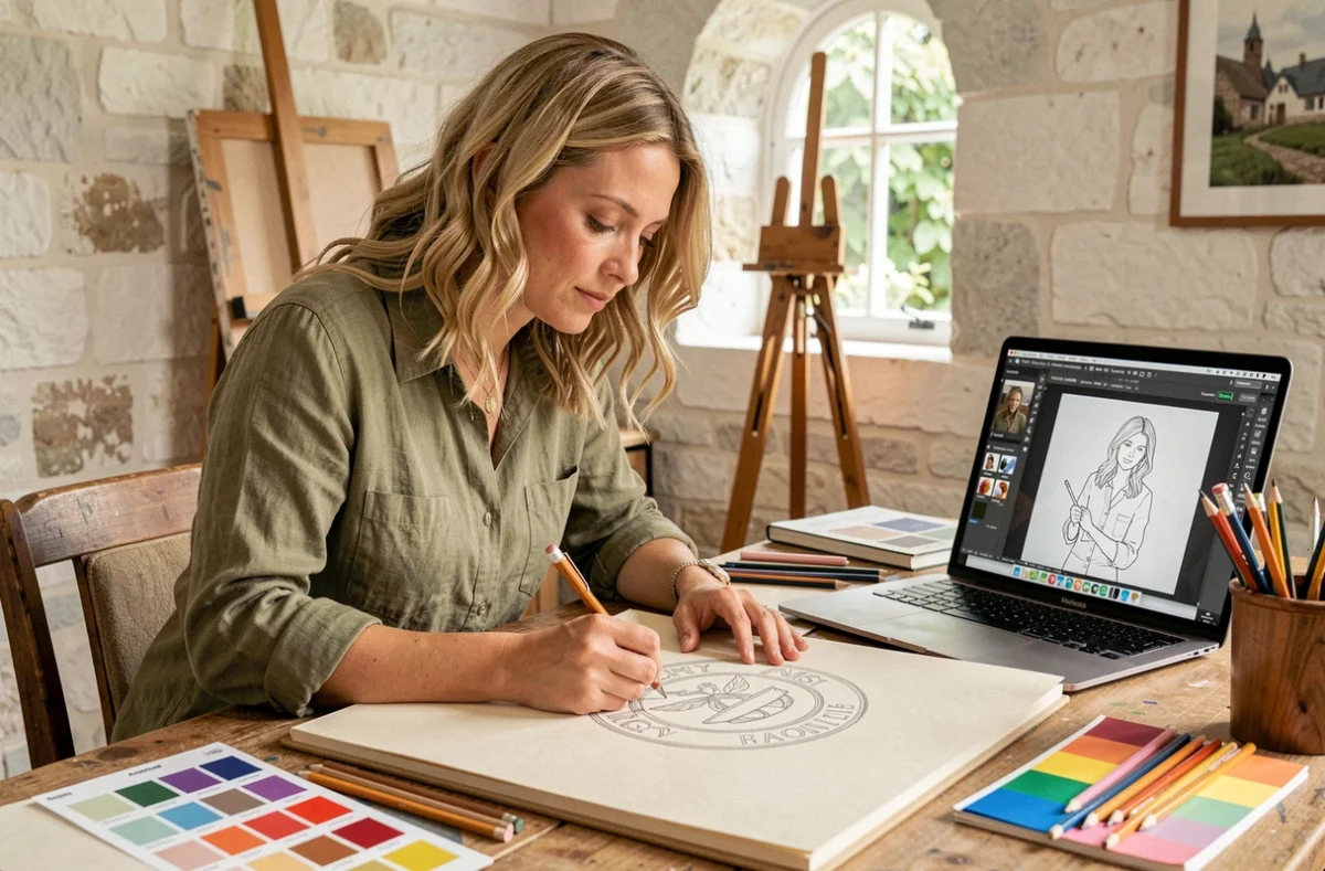 Designer de l'agence Awen Studio esquissant un logo sur papier entourée d'outils créatifs dans un atelier aux murs en pierre blanchie