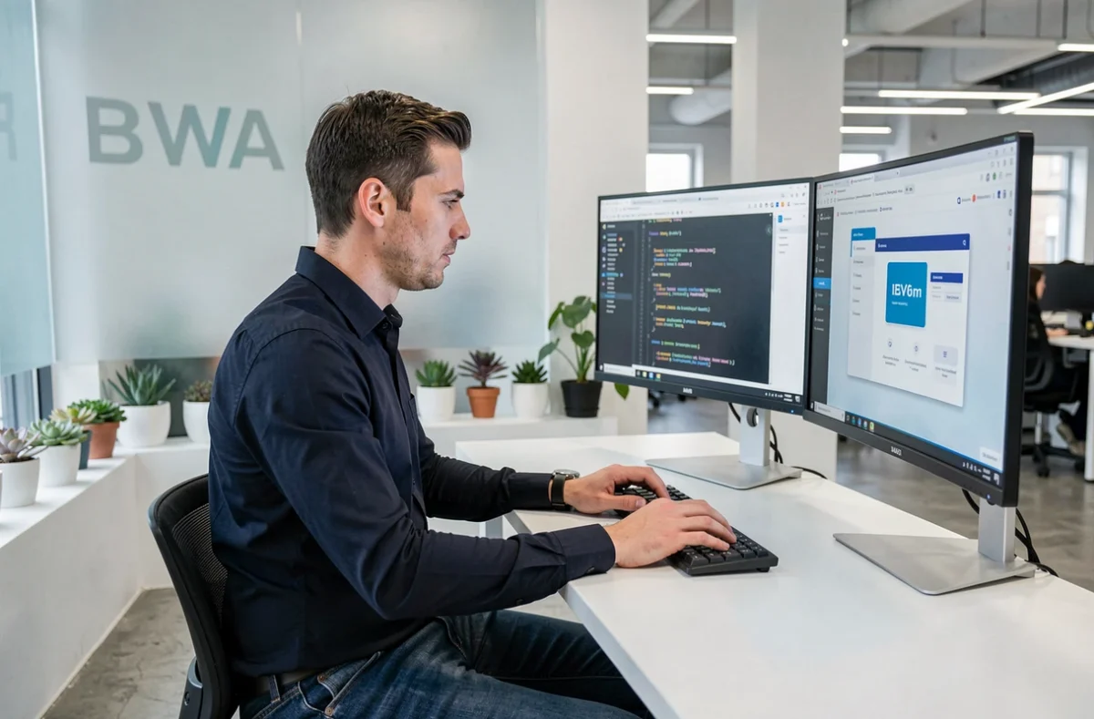 Développeur web de l'agence BWA en Côte-d'Or travaillant sur un projet de site internet avec double écran