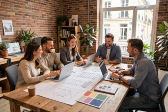 Équipe d'une agence de création de sites internet en Côte-d'Or travaillant ensemble autour d'une table avec des maquettes et des ordinateurs
