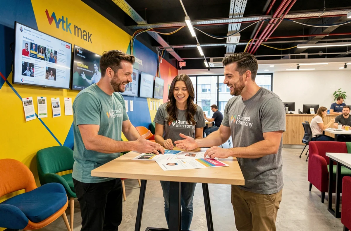 Équipe de l'agence Digibuzz discutant de résultats de campagne digitale dans un bureau ouvert dynamique avec mur de réseaux sociaux