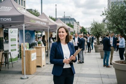 Planificatrice événementielle professionnelle supervisant une opération RSE en plein air avec stands écoresponsables et équipe engagée
