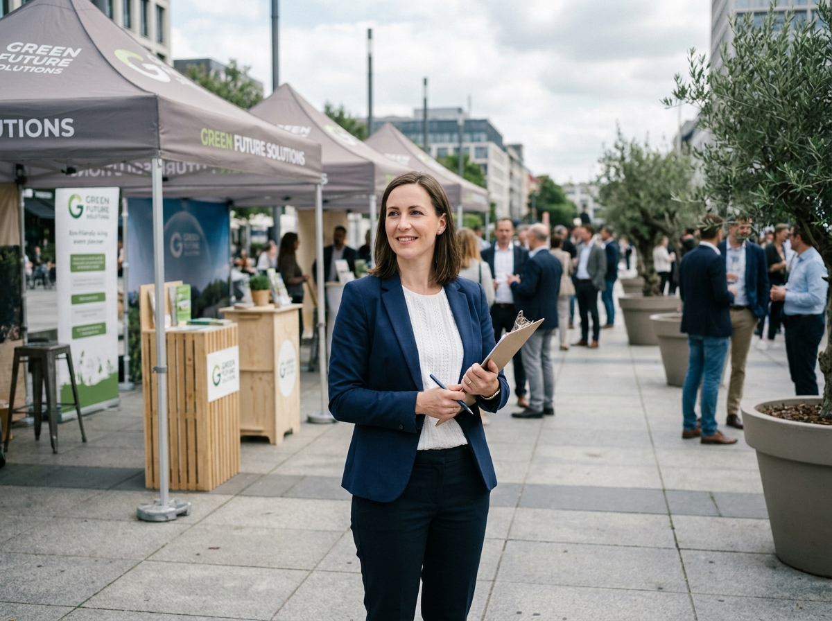 Planificatrice événementielle professionnelle supervisant une opération RSE en plein air avec stands écoresponsables et équipe engagée