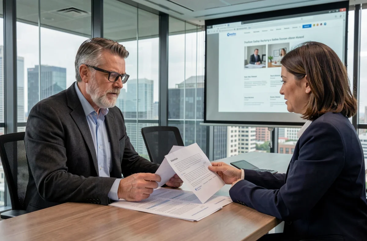 Consultant de l'agence Imedia présentant des propositions de site web à une cliente dans une salle de réunion vitrée