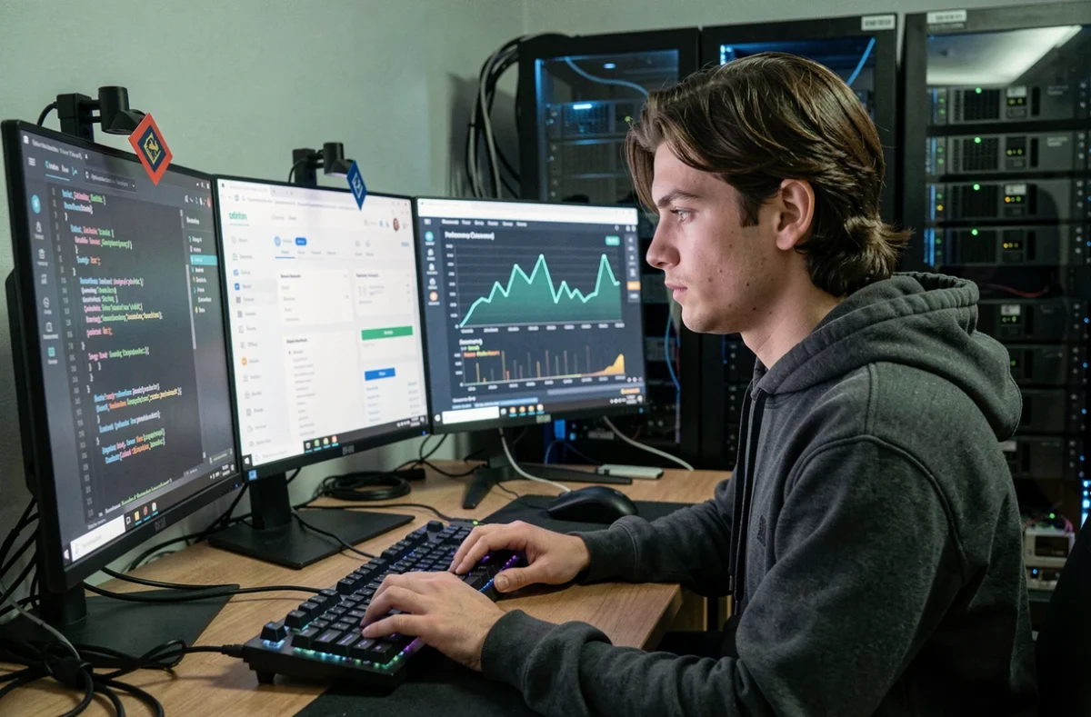Développeur de l'agence Iota Web codant sur un triple écran affichant un CMS et des données de performance dans un studio technique