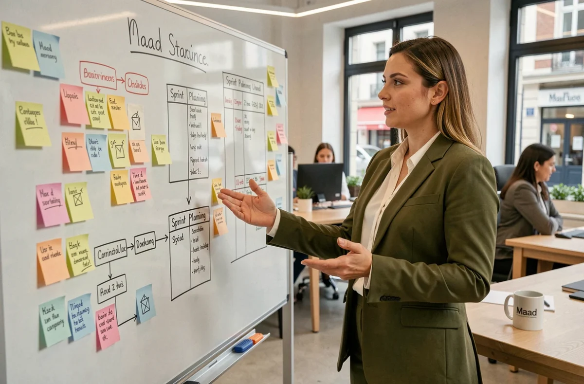 Chef de projet de l'agence Maad en Côte-d'Or organisant la planification d'un projet de site web sur un tableau blanc
