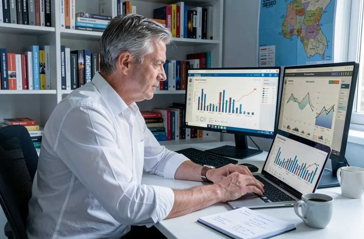Stratège digital de Net Stratège analysant des données SEO et des graphiques analytics sur double écran dans un bureau professionnel