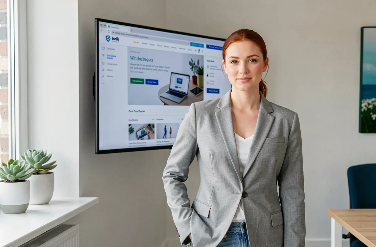 Consultante de l'agence Owmel présentant une interface e-commerce sur grand écran dans un bureau minimaliste