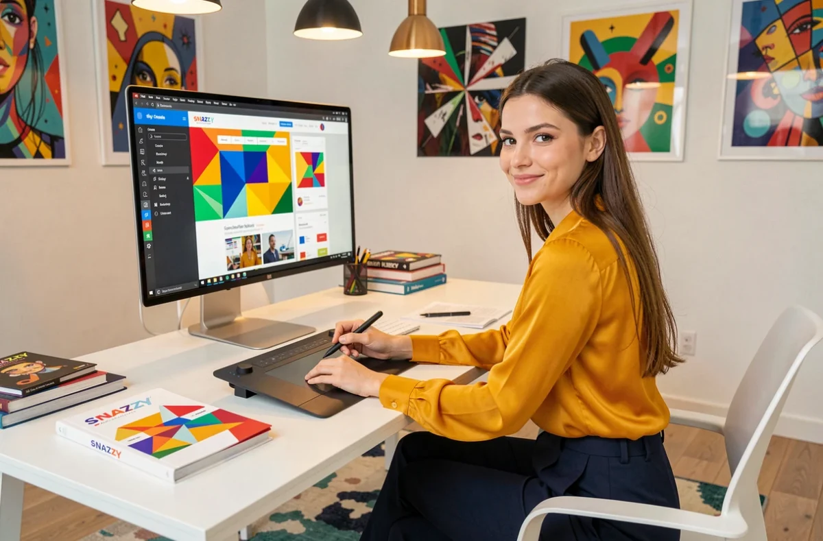Graphiste de l'agence Snazzy à Dijon créant une interface web colorée sur tablette graphique et grand écran