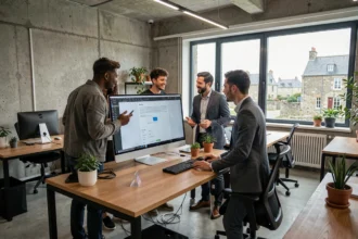 Équipe d'une agence web bretonne réunie autour d'un écran affichant des maquettes de sites web dans un bureau moderne