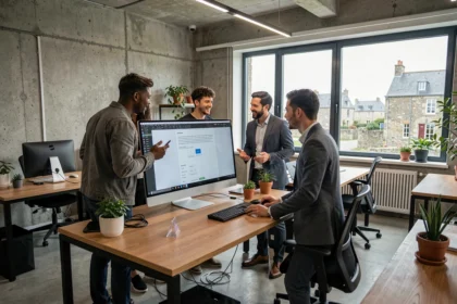 Équipe d'une agence web bretonne réunie autour d'un écran affichant des maquettes de sites web dans un bureau moderne