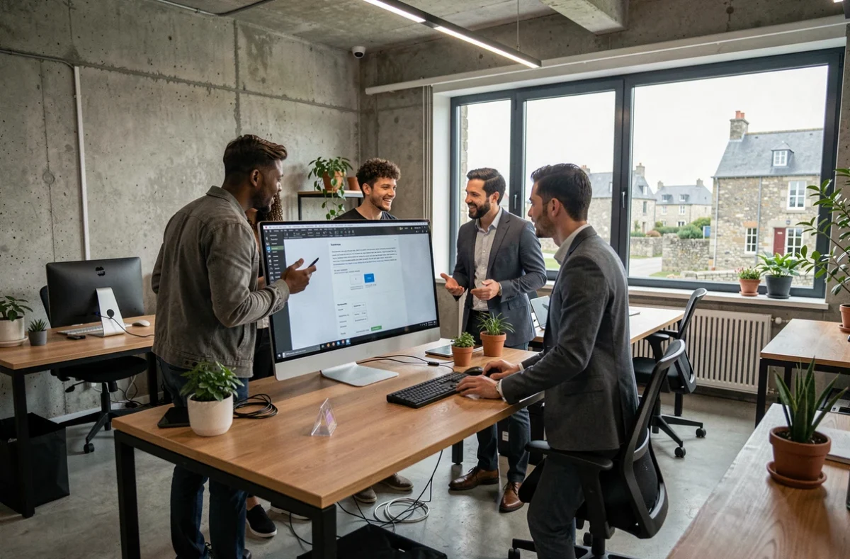 Équipe d'une agence web bretonne réunie autour d'un écran affichant des maquettes de sites web dans un bureau moderne