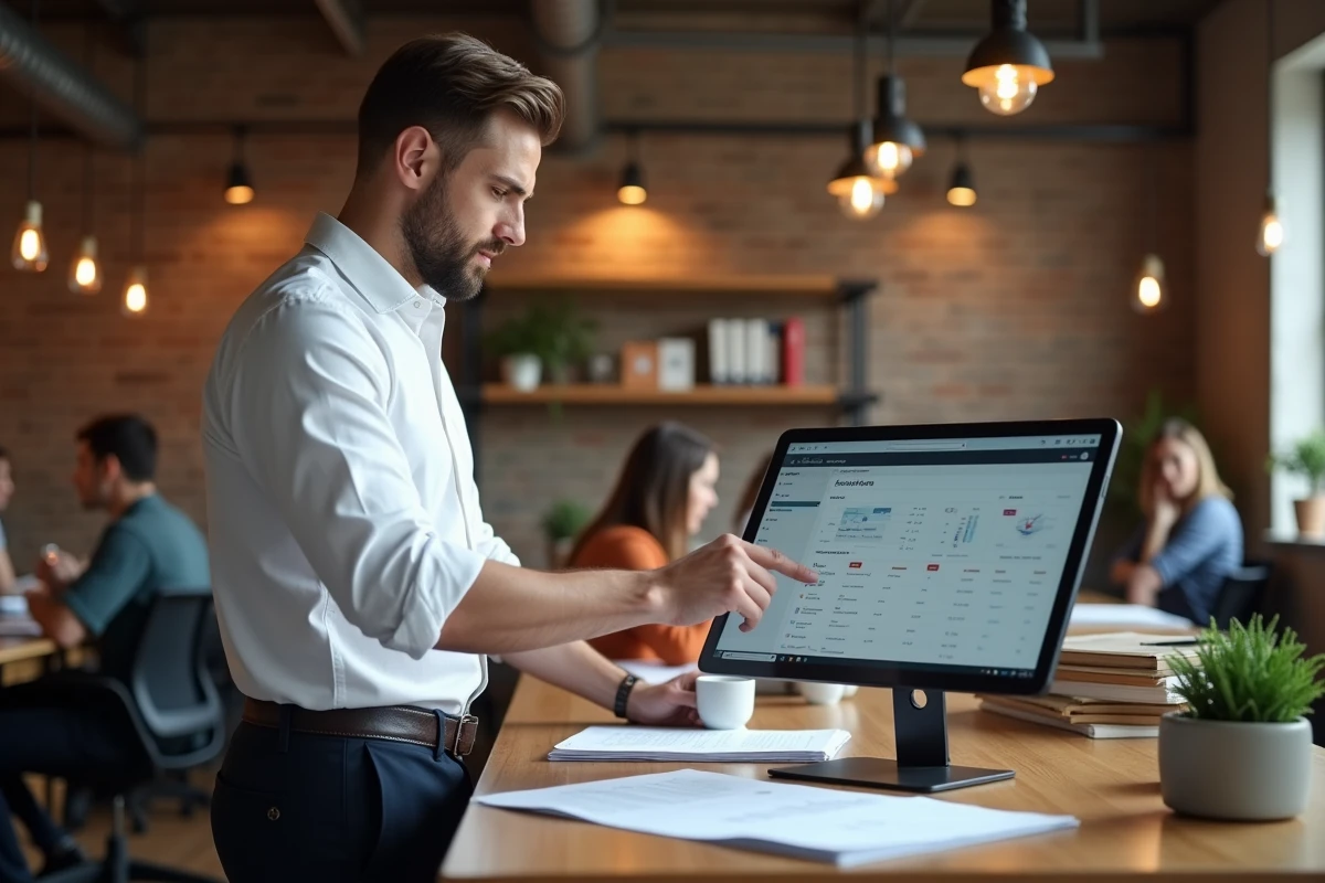 Agent AXA consultant un tableau de bord de gestion client sur tablette dans un espace de co-working