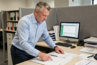 Agent de maîtrise en chemise bleue analysant une grille indiciaire imprimée sur son bureau de bureau administratif