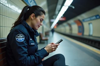 Agente RATP consultant l'application CSE2 sur son smartphone dans le couloir d'une station de métro parisienne