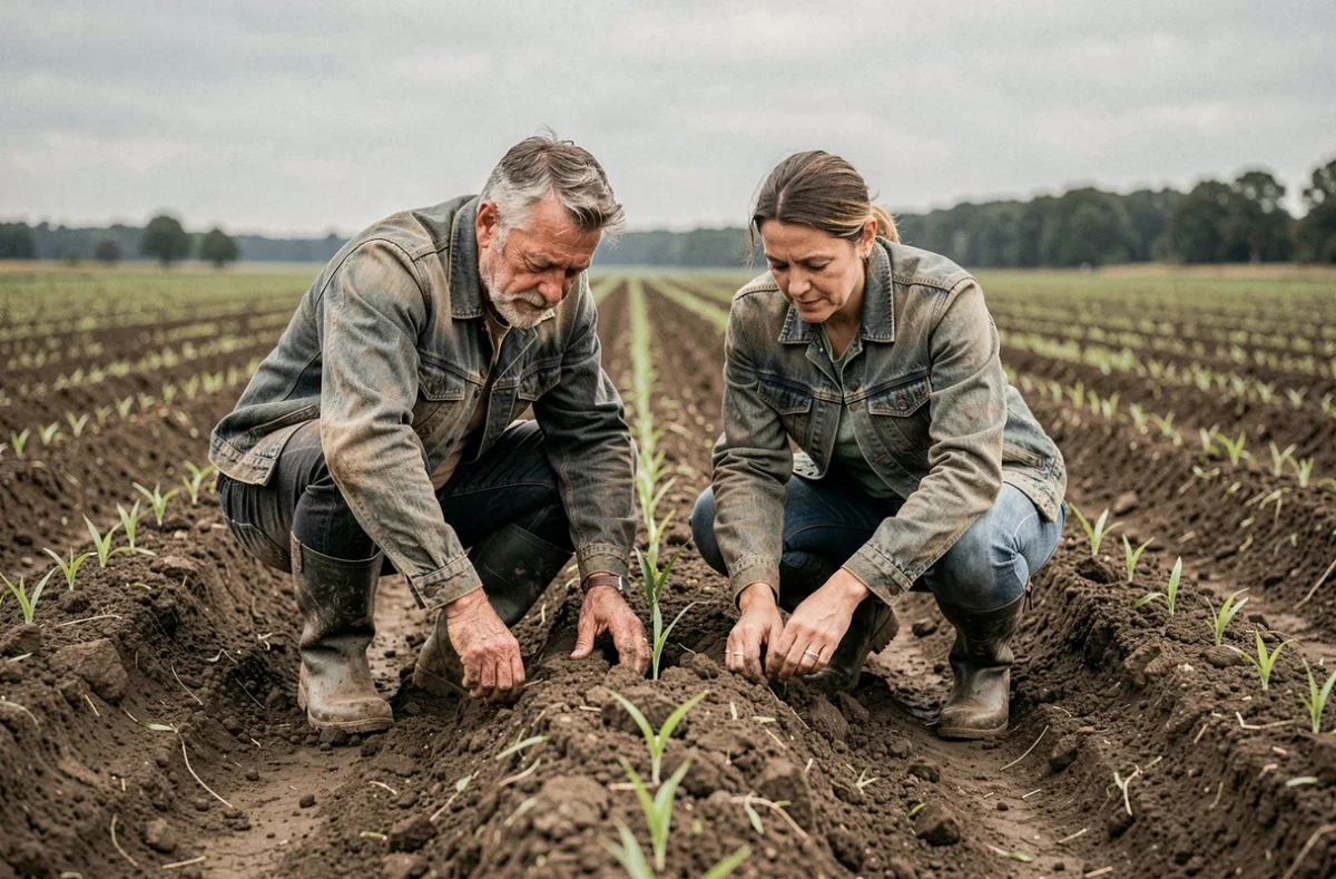 Deux agriculteurs examinant la terre dans un champ cultivé, symbolisant le labeur et la persévérance célébrés dans les proverbes sur le travail