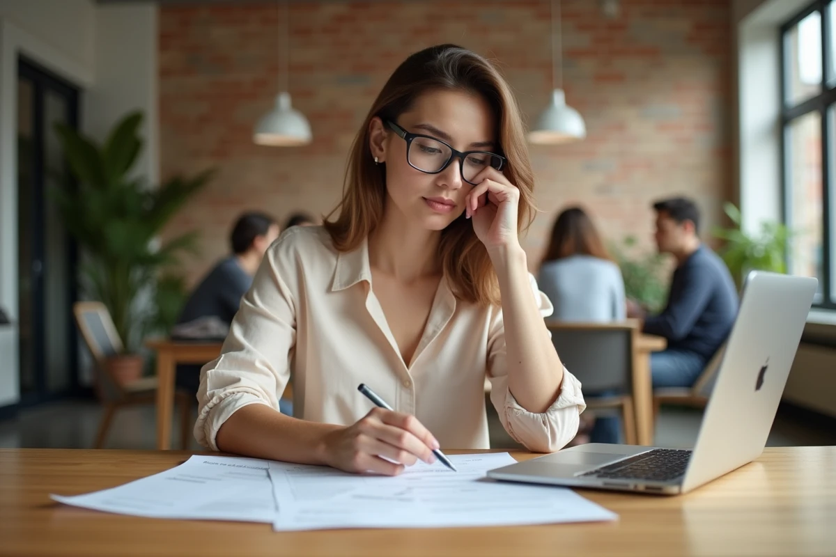 Jeune femme analysant un dossier de sponsoring sur un bureau en espace de coworking avec ordinateur portable