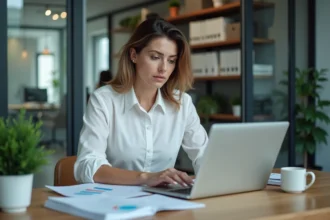 Femme professionnelle analysant une plateforme de business en ligne sur un ordinateur portable dans un bureau moderne