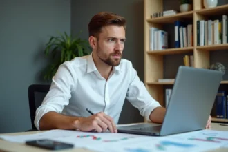 Homme analysant des documents financiers et graphiques de cryptomonnaies sur un bureau, expression sceptique et concentrée, dans un bureau moderne