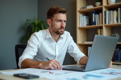 Homme analysant des documents financiers et graphiques de cryptomonnaies sur un bureau, expression sceptique et concentrée, dans un bureau moderne
