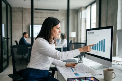 Professionnelle en agence analysant les métriques de retour sur investissement d'une campagne de social ads avec des éléments de motion design sur écran