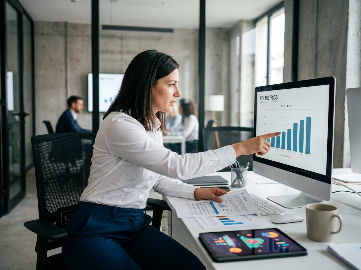 Professionnelle en agence analysant les métriques de retour sur investissement d'une campagne de social ads avec des éléments de motion design sur écran