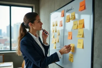 Professionnelle analysant une matrice SWOT sur un tableau blanc dans un bureau moderne, dans le cadre d'un projet innovant