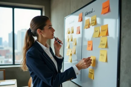 Professionnelle analysant une matrice SWOT sur un tableau blanc dans un bureau moderne, dans le cadre d'un projet innovant