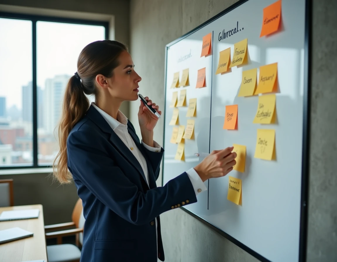 Professionnelle analysant une matrice SWOT sur un tableau blanc dans un bureau moderne, dans le cadre d'un projet innovant