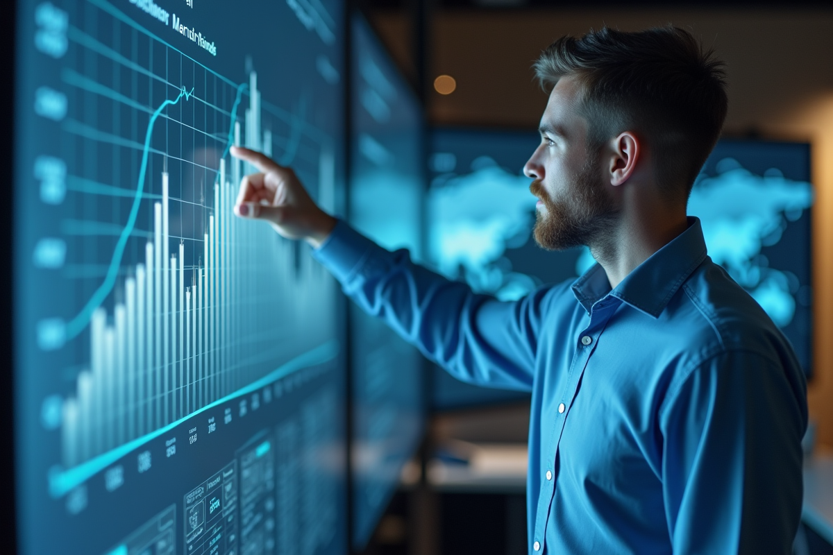 Jeune analyste financier pointant des graphiques sur un écran