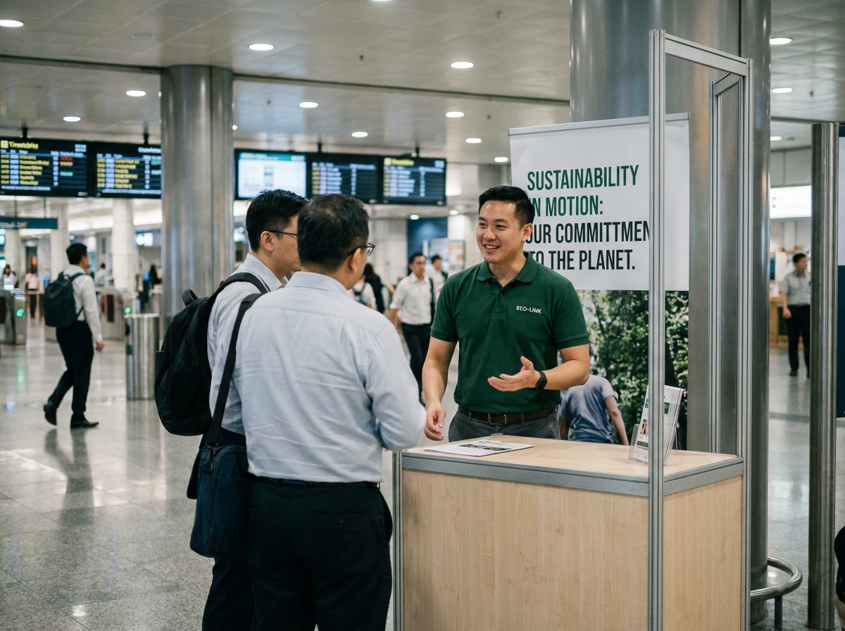 Animateur RSE en tournée dans une gare accueillant le public à un stand de sensibilisation à la durabilité