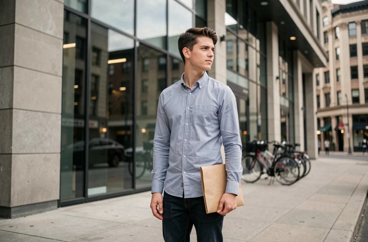Jeune apprenti quittant son entreprise avec une enveloppe de lettre de démission sans préavis devant un immeuble de bureaux