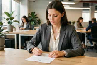 Jeune apprentie signant une lettre de démission de contrat d'apprentissage à son bureau dans un open space moderne