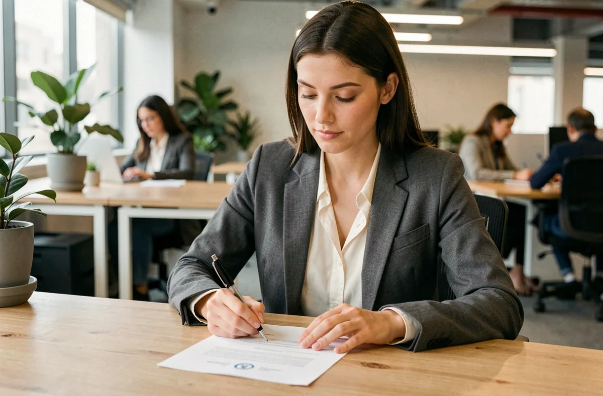 Jeune apprentie signant une lettre de démission de contrat d'apprentissage à son bureau dans un open space moderne
