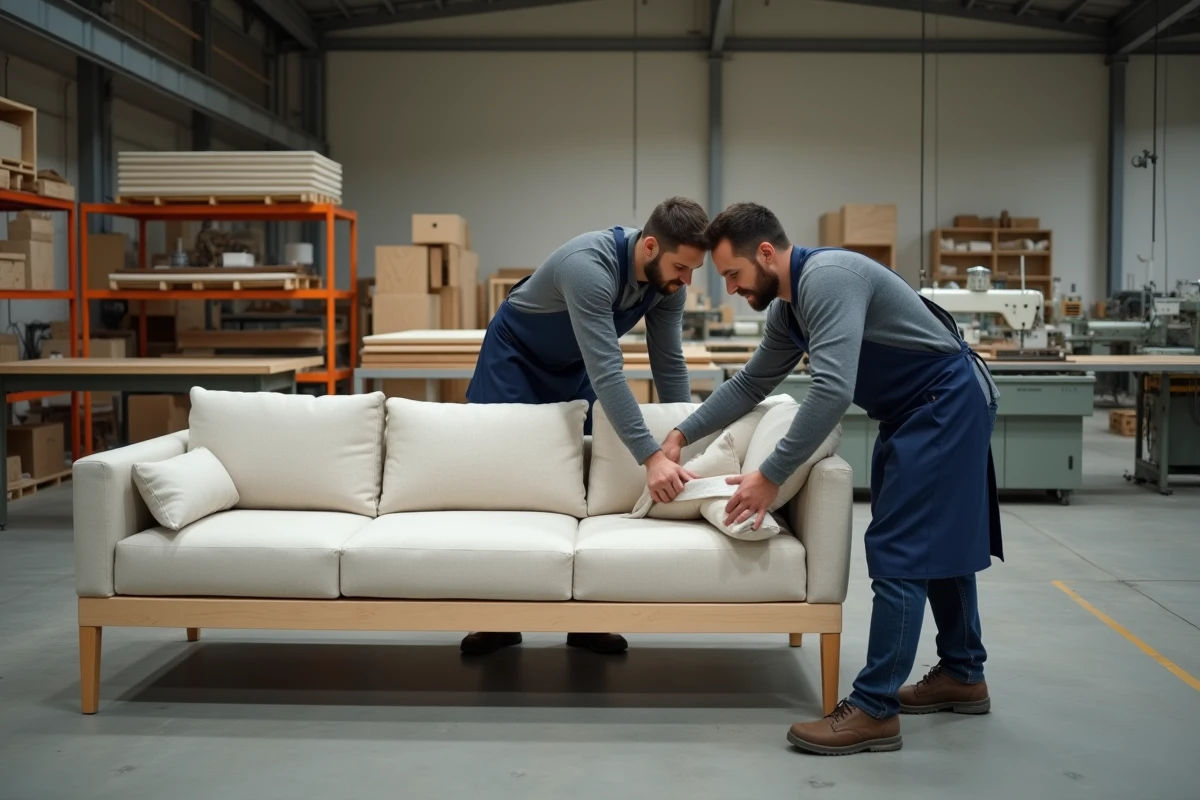 Artisans tapissiers assemblant le cadre d'un canapé modulaire dans un atelier de fabrication