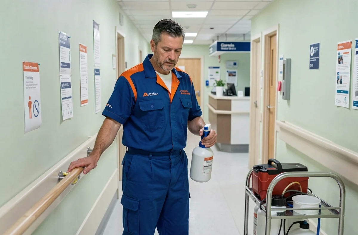 Agent Atalian Propreté désinfectant les surfaces dans un couloir d'hôpital en Gironde
