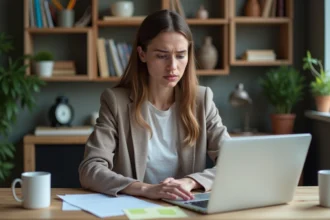 Auto-entrepreneuse débordée gérant ses tâches administratives seule dans son bureau à domicile