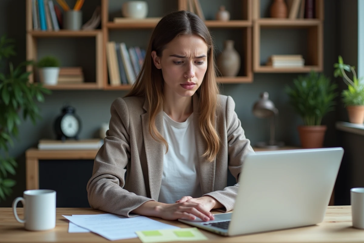 Auto-entrepreneuse débordée gérant ses tâches administratives seule dans son bureau à domicile