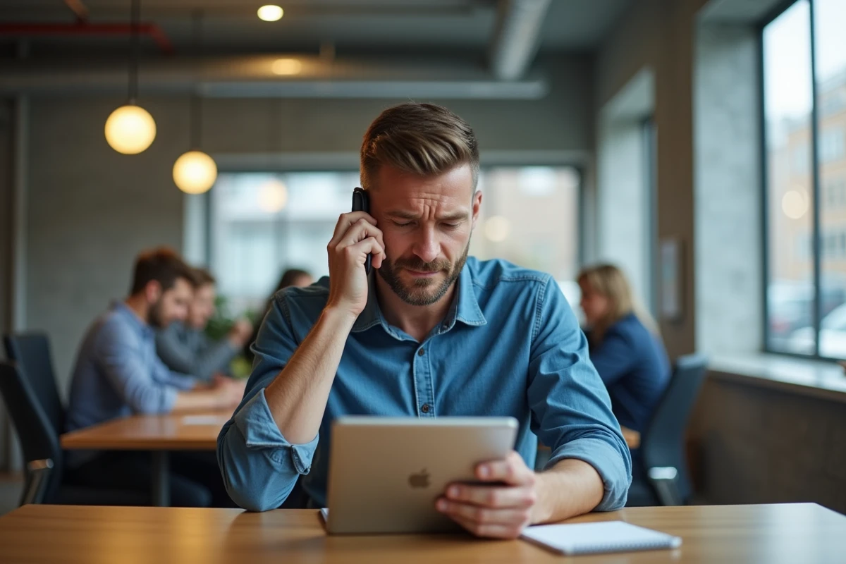 Auto-entrepreneur multitâche dans un espace de coworking jonglant entre appels téléphoniques et emails