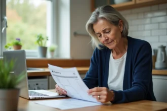 Femme examinant une facture d'énergie à la maison, évaluant les offres d'un fournisseur d'électricité comme Sylvidra Energy