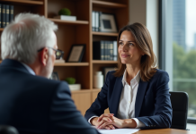 Conseils en droit du travail : Qui consulter ? Femme avocate en discussion avec un homme dans un bureau élégant