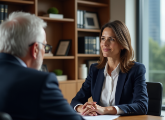Conseils en droit du travail : Qui consulter ? Femme avocate en discussion avec un homme dans un bureau élégant