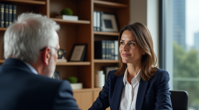 Conseils en droit du travail : Qui consulter ? Femme avocate en discussion avec un homme dans un bureau élégant