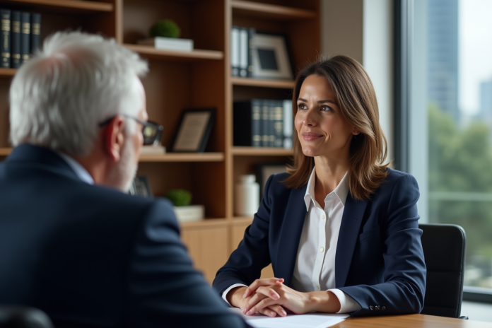 Femme avocate en discussion avec un homme dans un bureau élégant