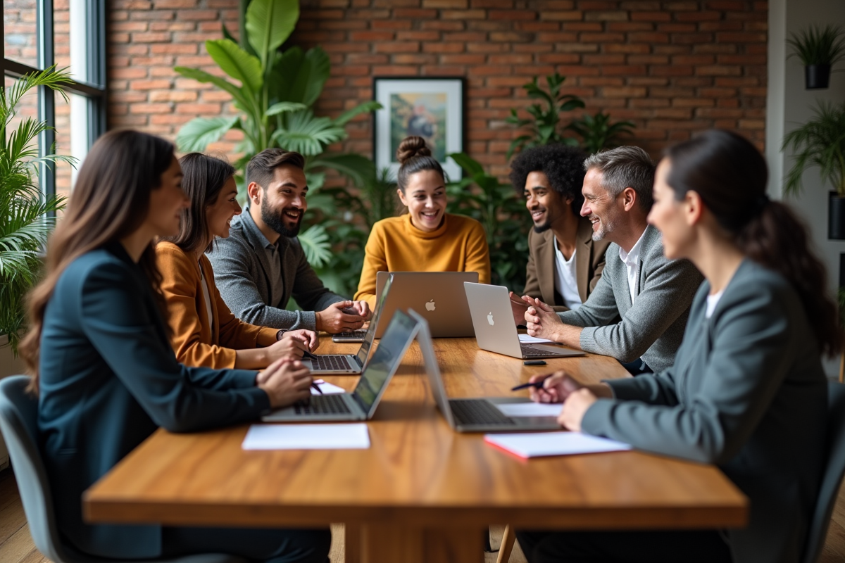 Groupe de professionnels marketing en réunion dans un espace coworking